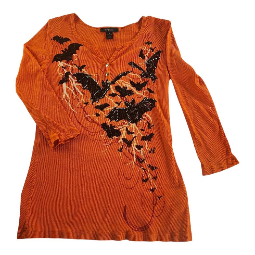 Style & Co. Women’s Halloween Orange Ribbed Embellished Bat Top